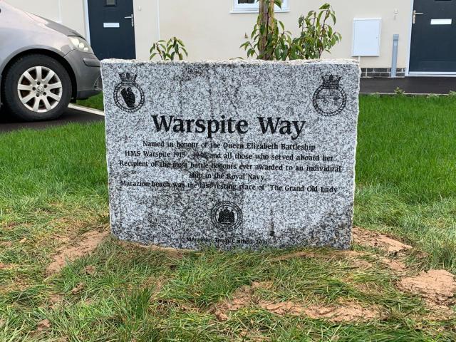 A memorial stone has ben erected on the development in tribute to HMS Warspite whose last resting place was near to Marazion A memorial stone has ben erected on the development in tribute to HMS Warspite whose last resting place was near to Marazion